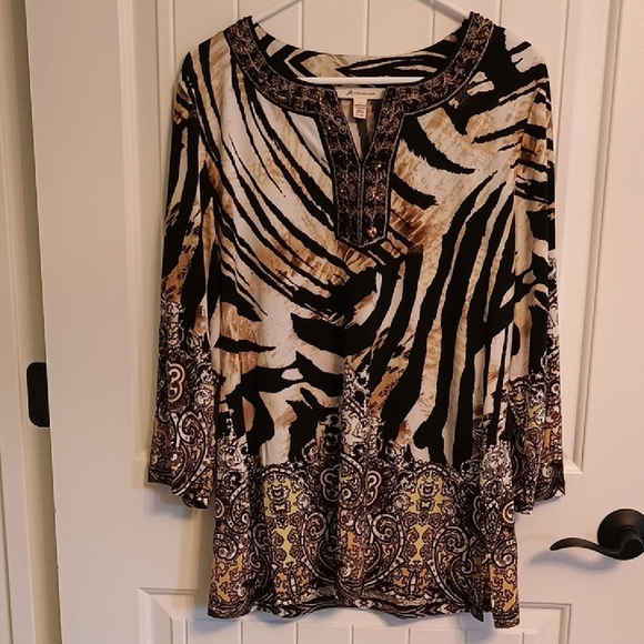 JM Collection Tops - Woman's JM Collection Black and Tan Zebra Print Tunic, Size Large
